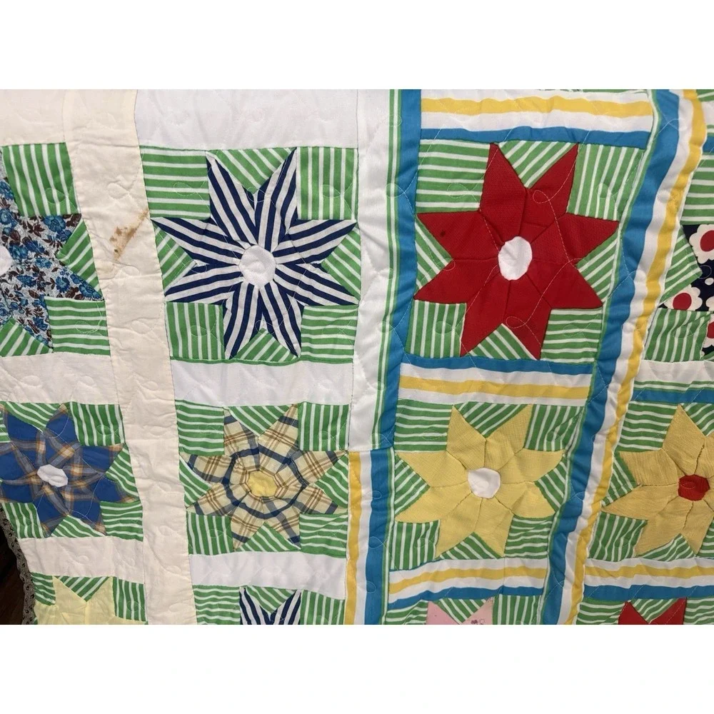 VTG Handmade Patchwork Quilt Floral‎ Star Striped Pattern Boho Farmhouse 70x78